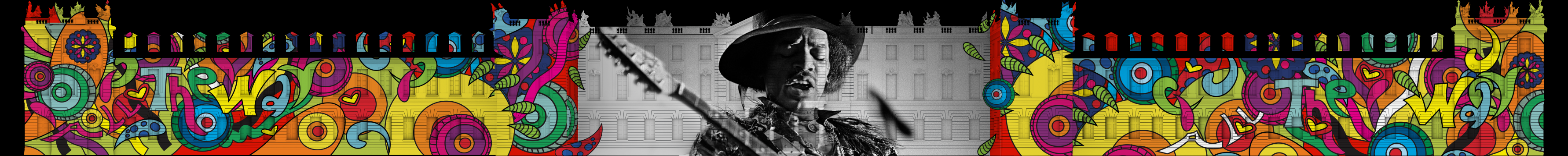 The bust of a musician with hat and moustache appears in front of a castle façade. His guitar protrudes diagonally into the picture. His eyes are closed and he wears a jacket with feathers. To the left and right, the building is covered with colourful flo