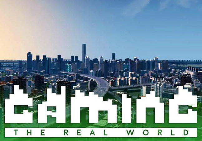 The skyline of a big city with the lettering "Gaming the real world"