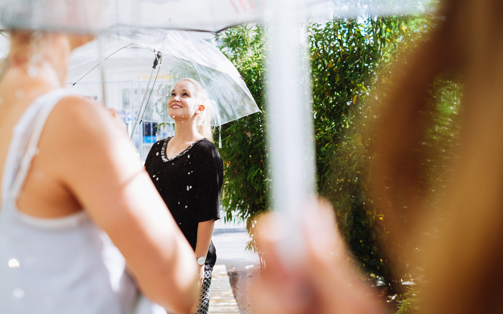 ;ehrere Personen stehen mit Regenschirmen unter der Raindance-Installation