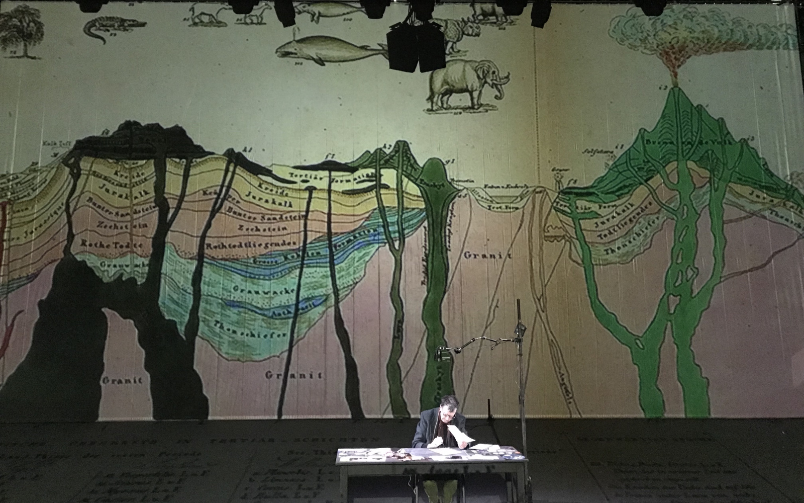 Bruno Latour is sitting on a stage at a desk. Behind him is a canvas with a geoscientific image.