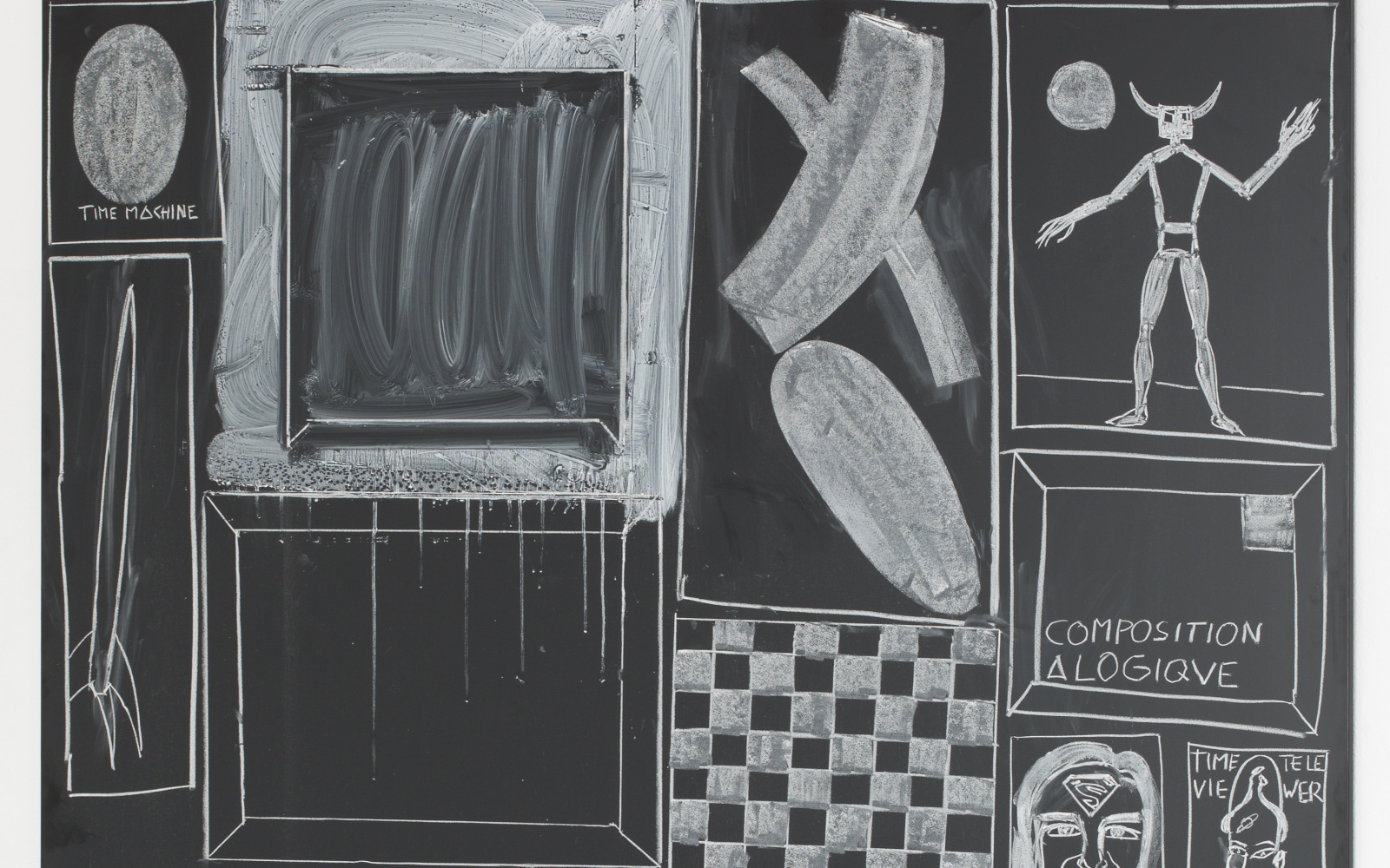 Panel by the artist Andy Hope 1930: White drawings on black ground
