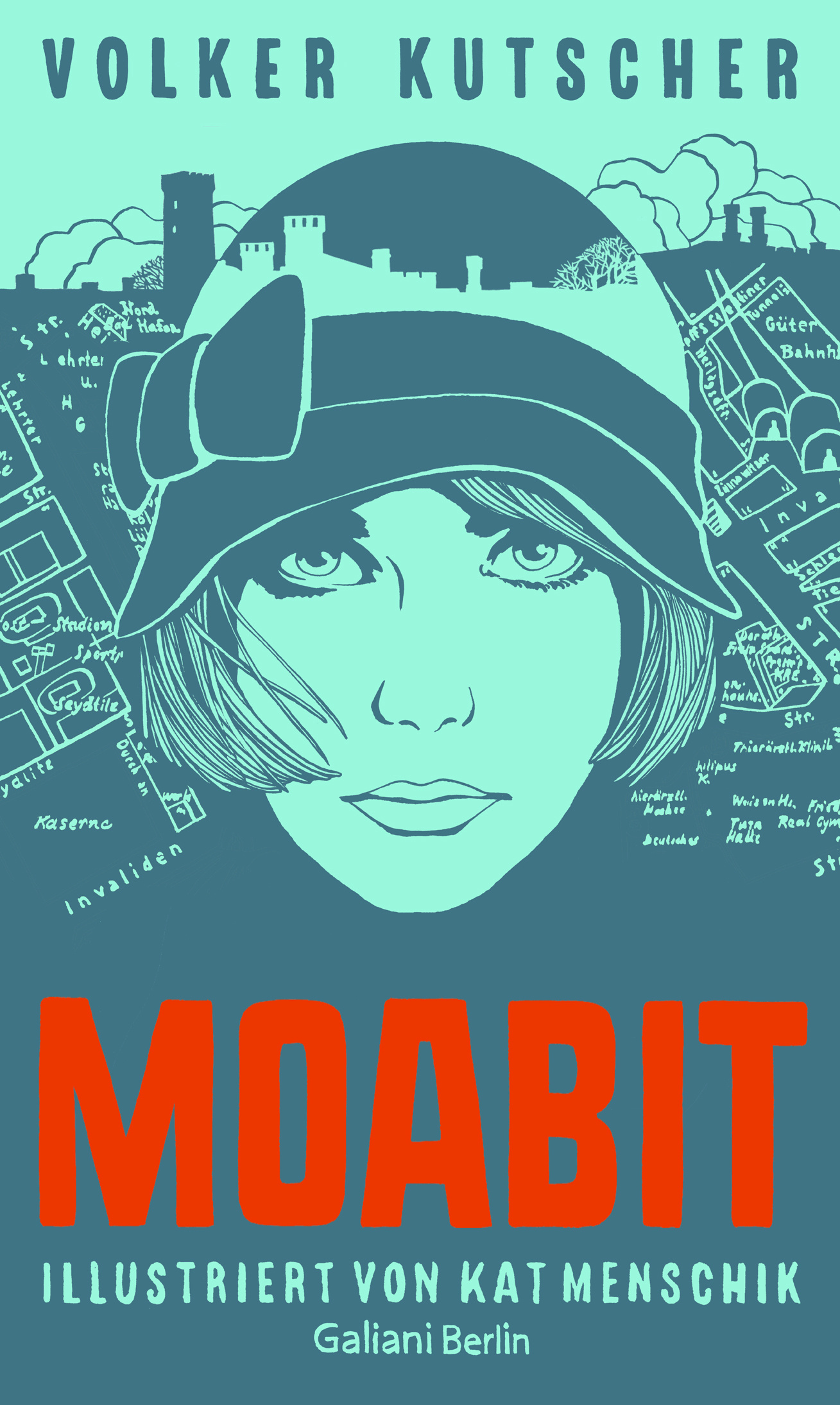 Illustriertes Porträt einer Frau mit Hut und dem Titel Moabit