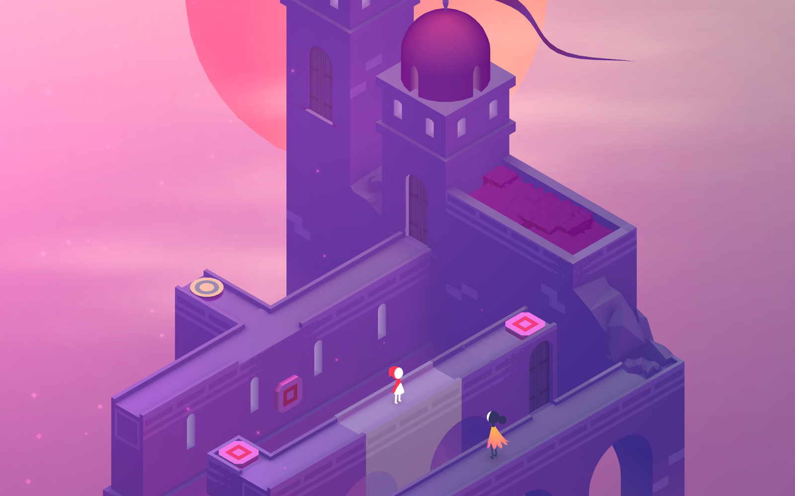 Representation of a castle-like building with bridges and two figures
