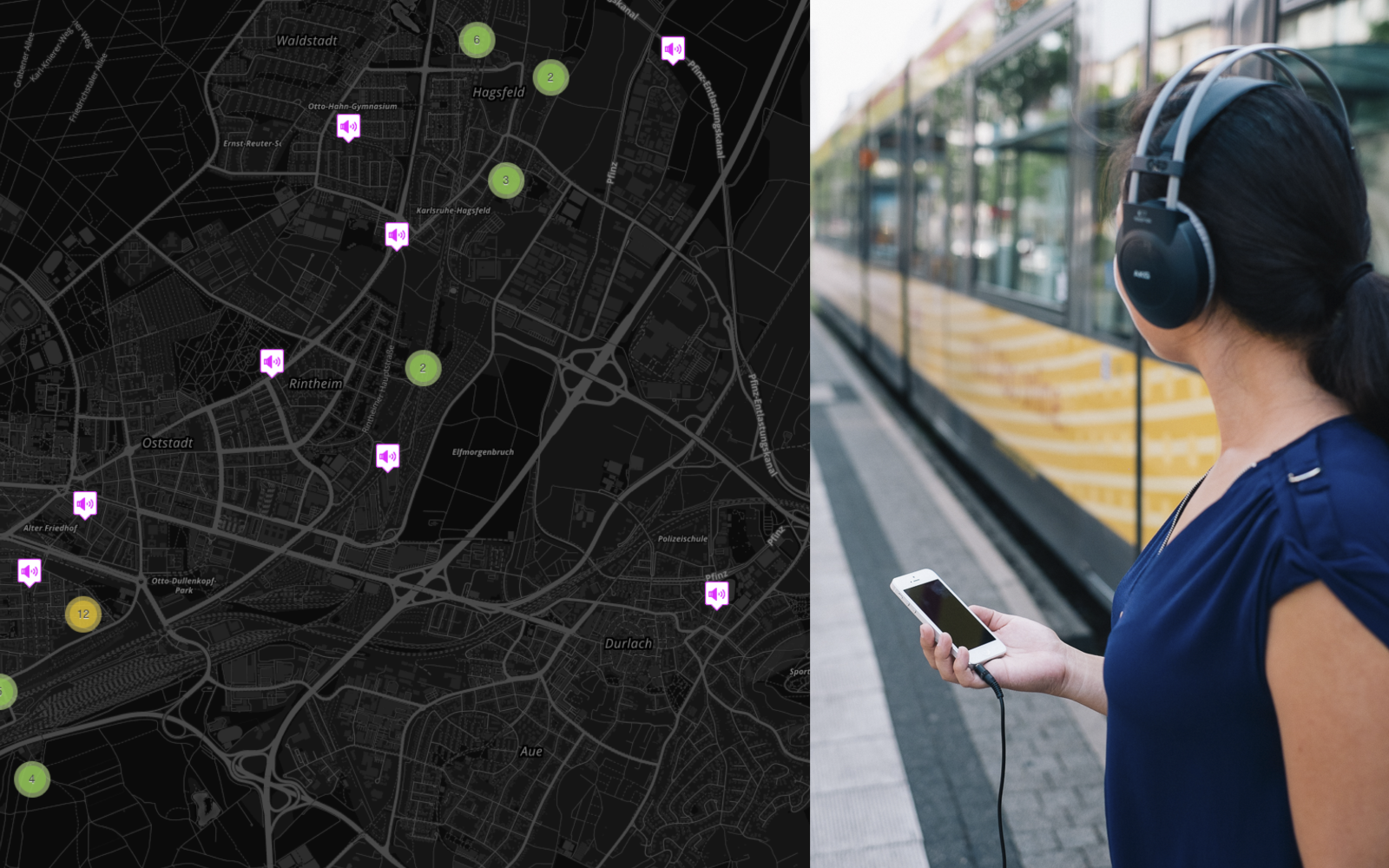 Eine Frau mit Kopfhörern und Handy vor einer Straßenbahn und daneben Screenshot der App »My City, My Sounds«: Stadtkarte mit Symbolen