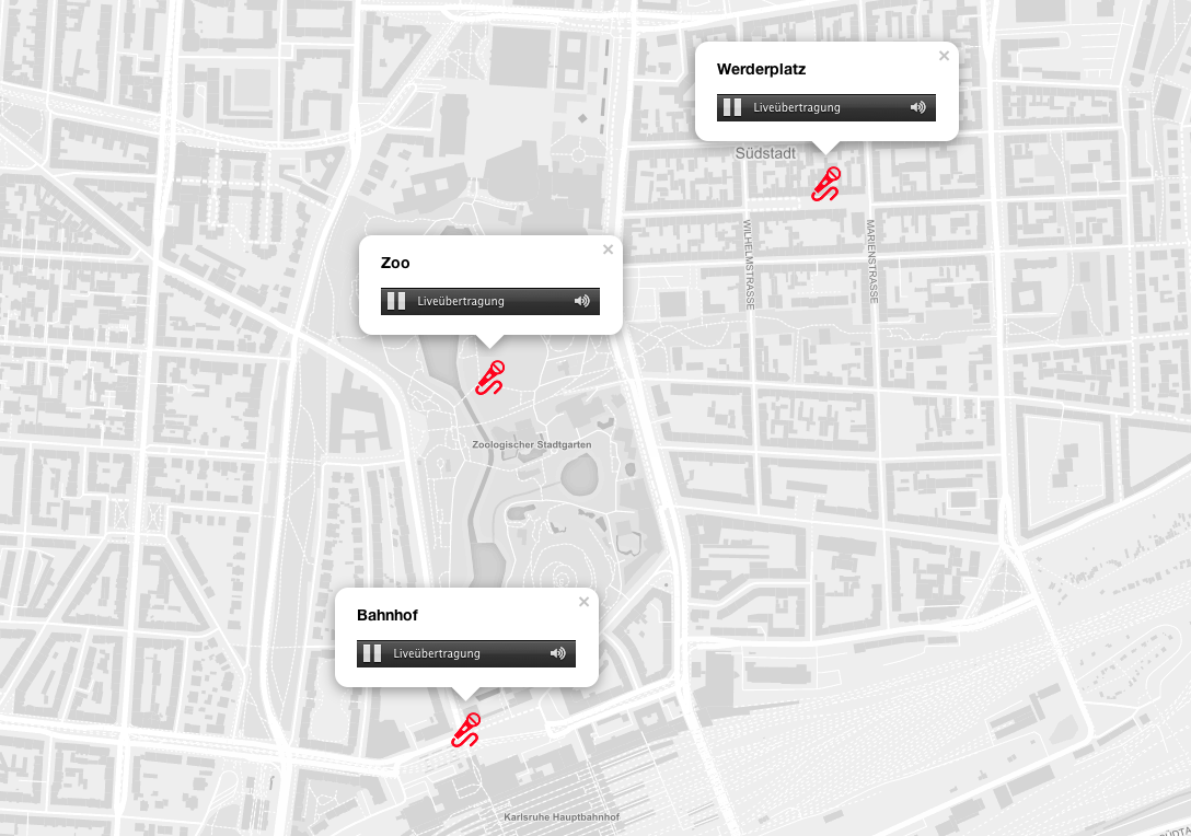 Screenshot der App »My City, My Sounds«: Stadtkarte mit Symbolen 