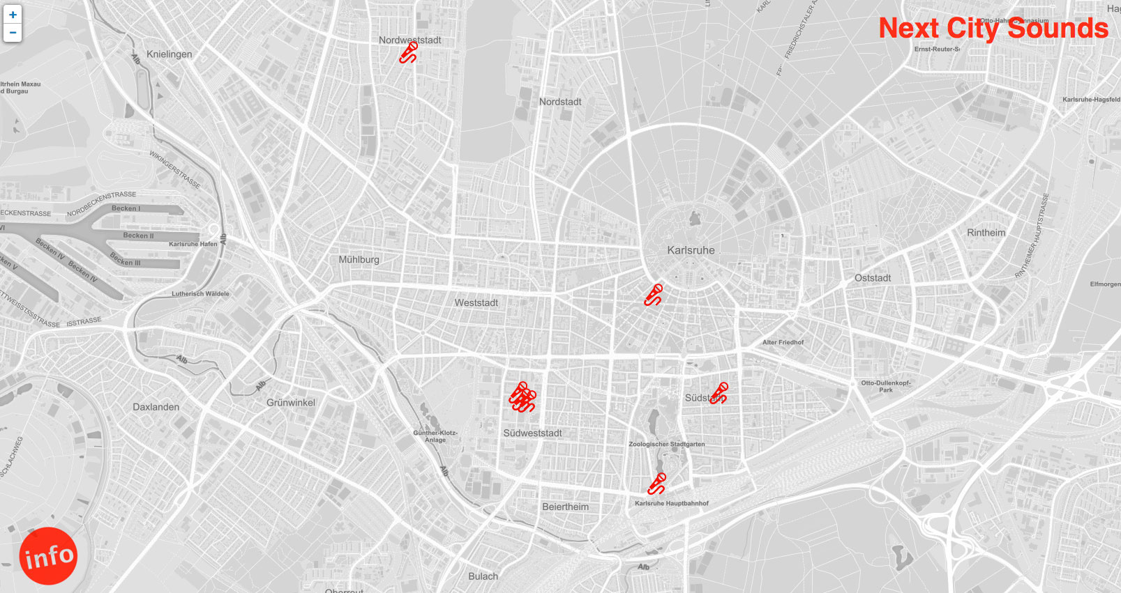 Screenshot of the web application on which you can see a map of the city of Karlsruhe including the sound stations.