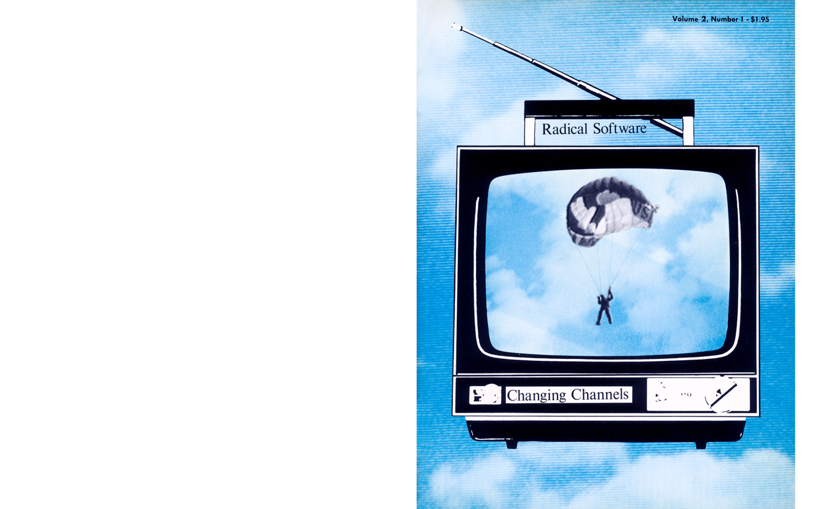 Die Zeichnung zeigt das Cover der Zeitschrift »Radical Software«. Zu sehen ist ein altes Fernsehgerät vor einem Himmel. Im Bildschirm sieht man einen Fallschirmspringer. 