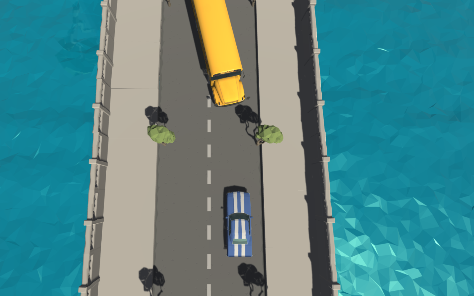  The graphic shows two vehicles driving towards each other on a bridge
