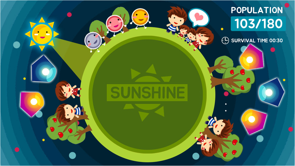 An earth with characters on it and a sun shining on it. In the middle is the title of the game »SunShine«