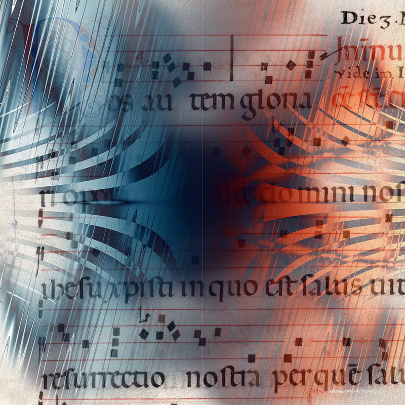 Quadratnotation eines Gregorianischen Chorals, mit Text, nachträglich rot und blau verfärbt