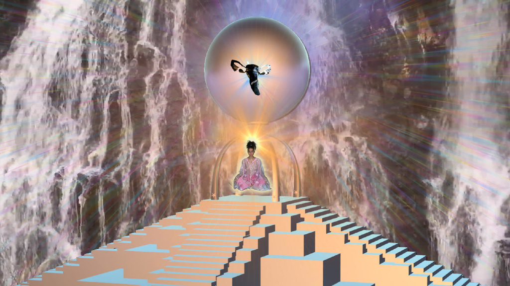 A woman floats in a lotus seat above a pyramid.