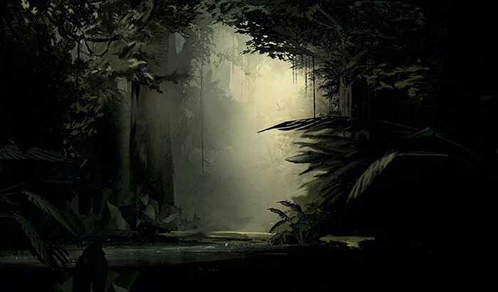 The picture shows a primeval forest through which a river meanders.