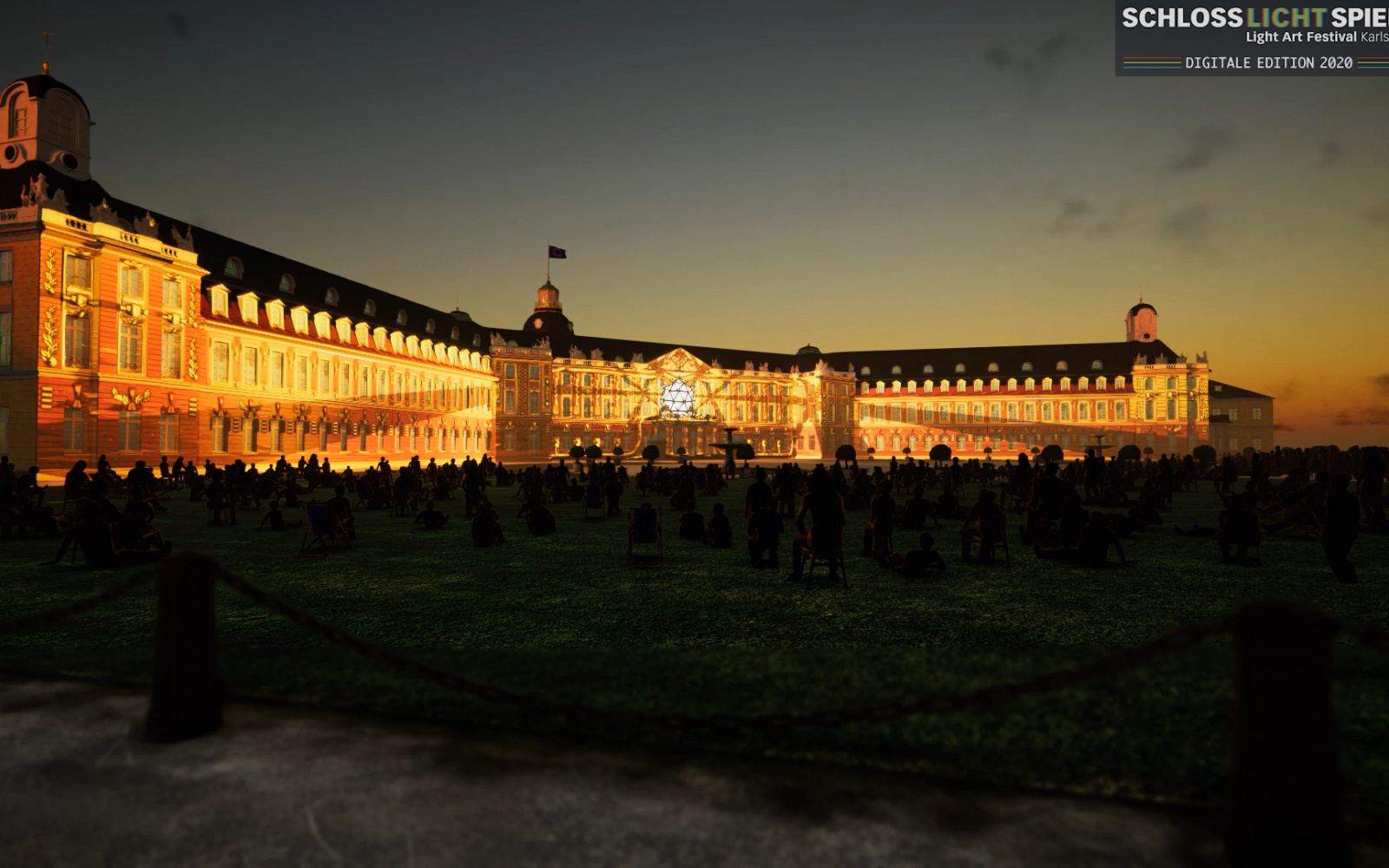 The Karlsruhe palace is digitally reconstructed.An artificial play of light is projected onto its façade, which works more with colours than forms. In front of the castle there is a crowd of people, but it is also digitally reproduced.