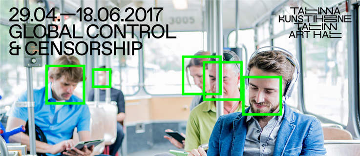 The photo shows several people in a tram, all looking at their smartphone. Above their faces lies the face recognition symbol in neon green color.