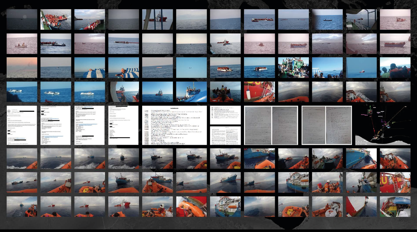 Digital picture collage, screenshots of texts and many photos of a ship at sea are shown.