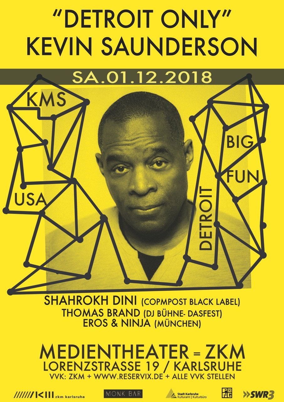 Yellow event poster with the portrait of Kevin Saunderson and information about the event »Detroit Only«