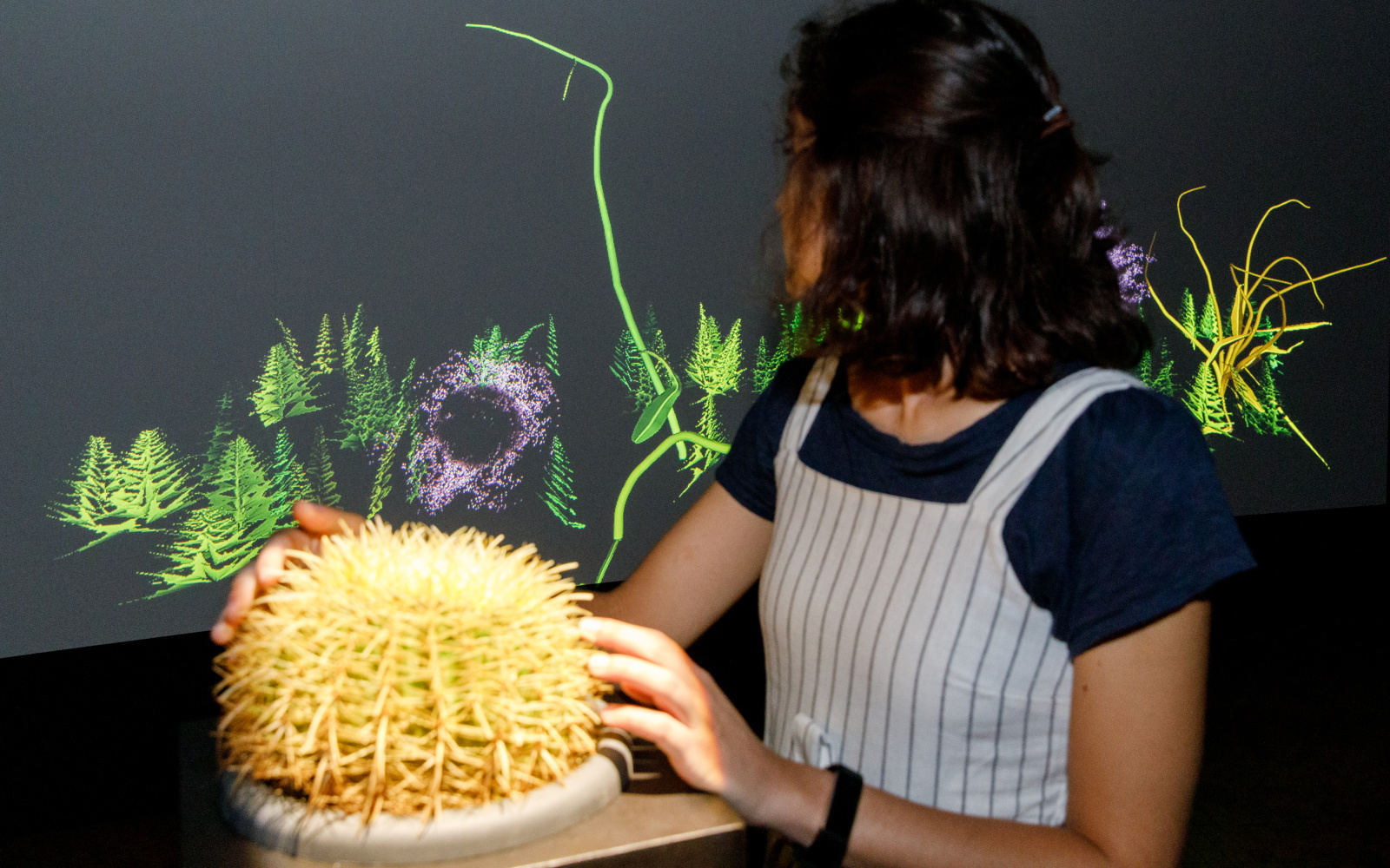 Ein junge Frau berührt eine Pflanze und betrachtet dabei eine Projektion mit Pflanzen auf einer Wand daneben.