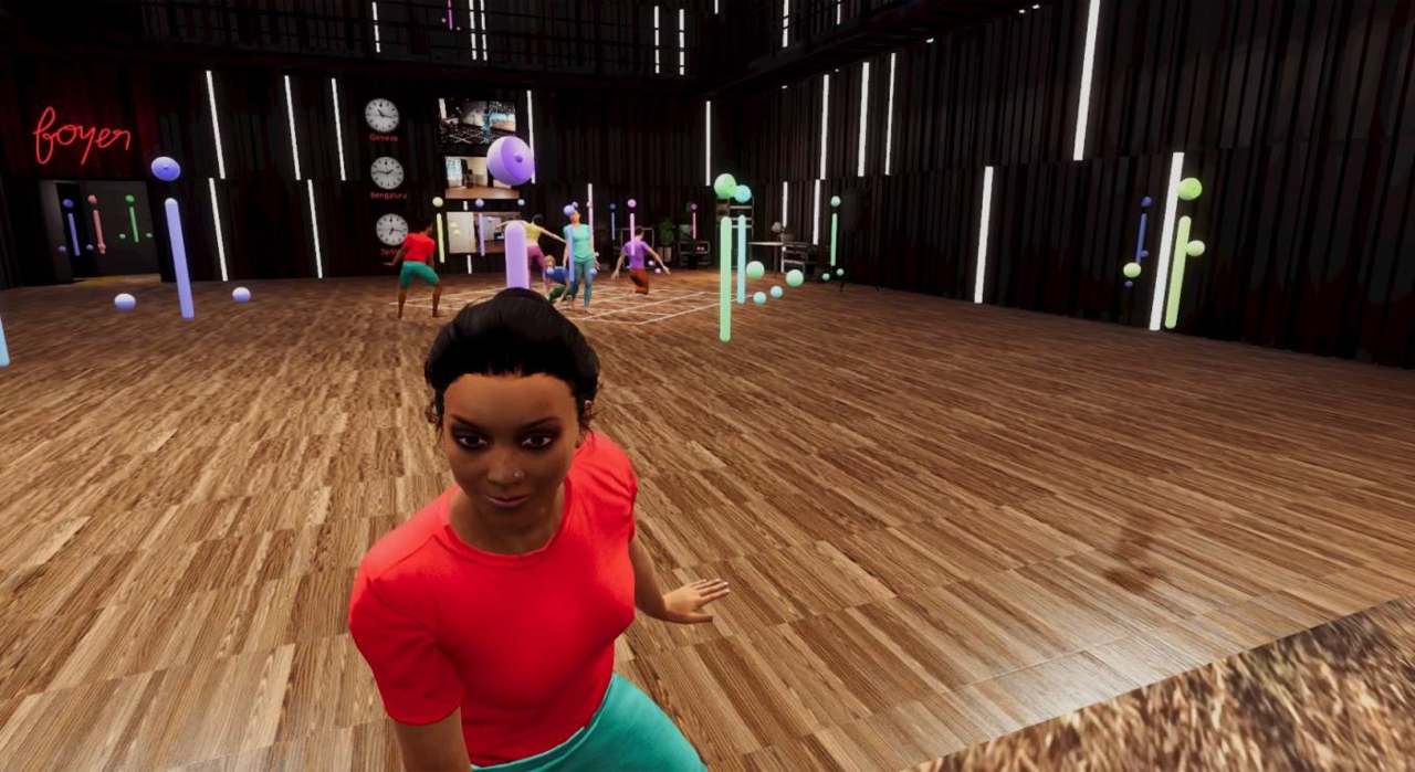 A virtual dance floor, virtual people dancing in the background, a virtual woman in a red t-shirt sitting in the foreground