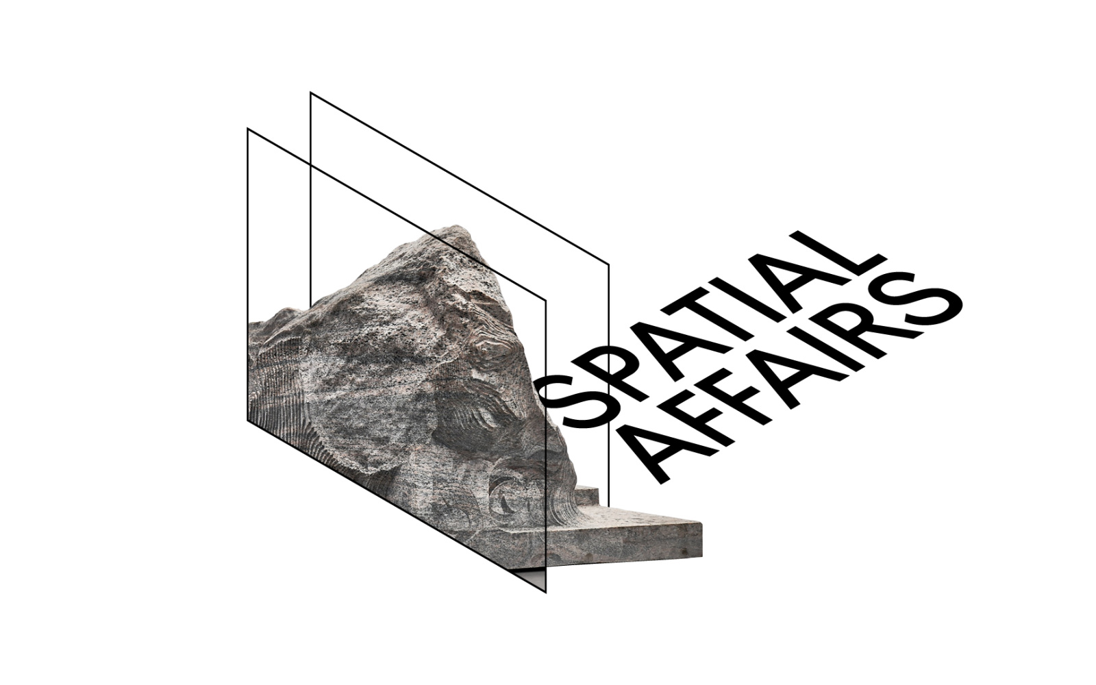 Schriftzug »Spatial Affairs« in räumlicher schwarzer Schrift, neben einem Ausschnitt aus einem Werk von Alicja Kwade: eine zweidimensionale Abbildung eines Felsen.