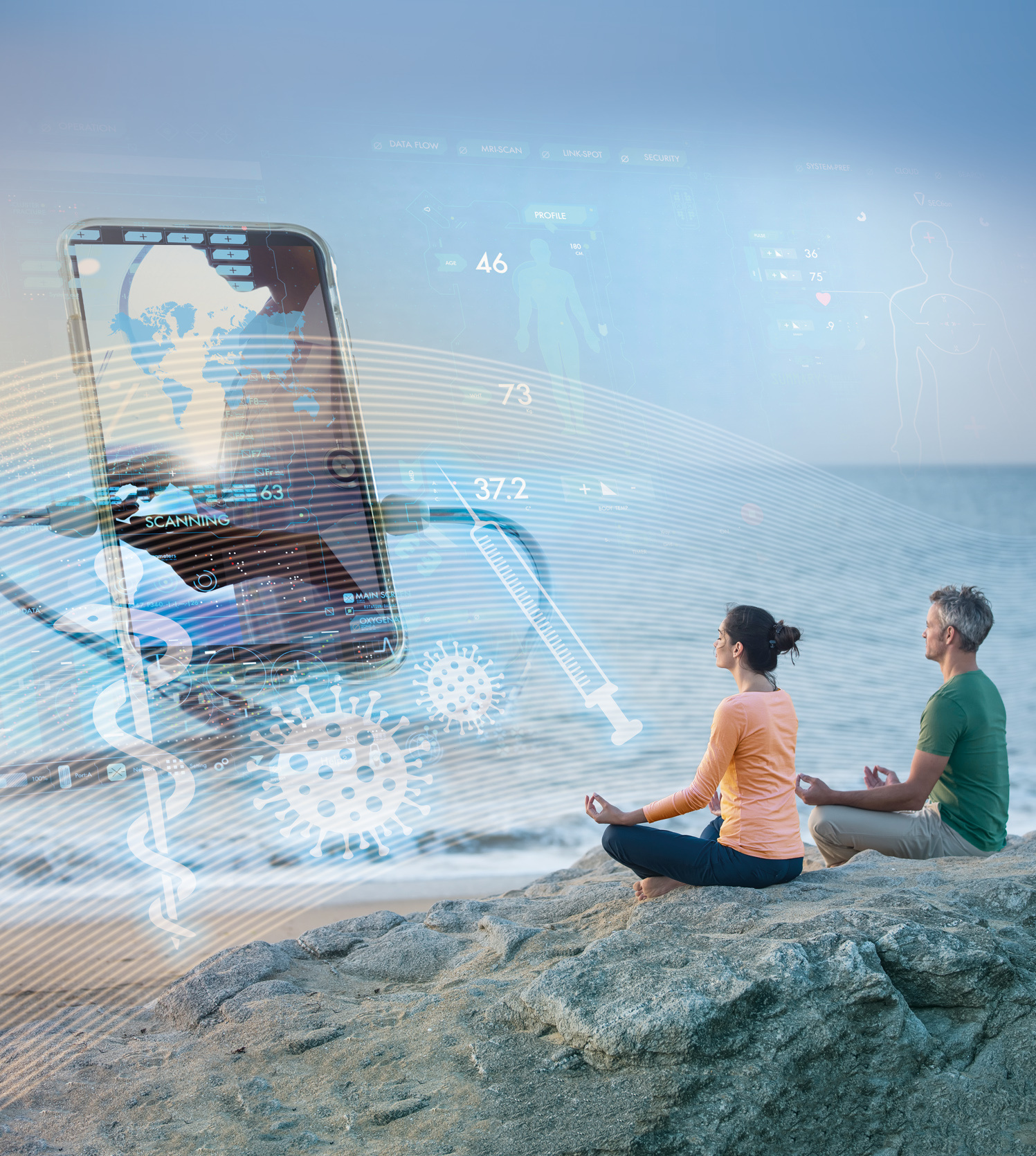 Zu sehen sind zwei meditierende Personen am Meer. Links von Ihnen sieht man ein überdimensionales Smartphone und blau leuchtende Symbole