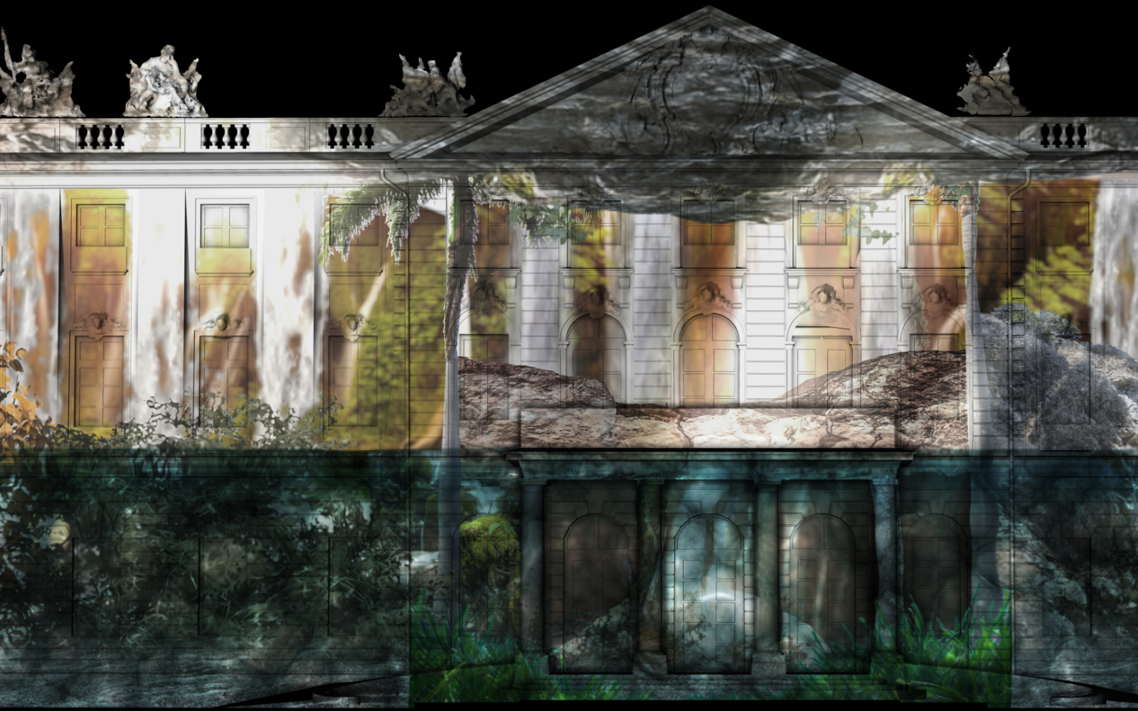 On the facade of the castle in Karlsruhe you can see a projection mapping that glows at night.The mapping shows waterfalls along the castle facade and green elements that remind of nature.