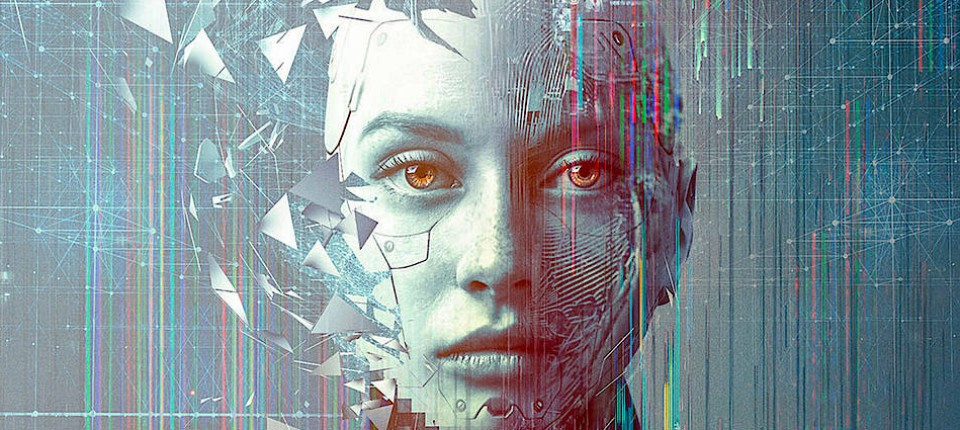 Graphic of a gray-blue woman's face breaking into parts. Behind it circuit paths of a circuit board.