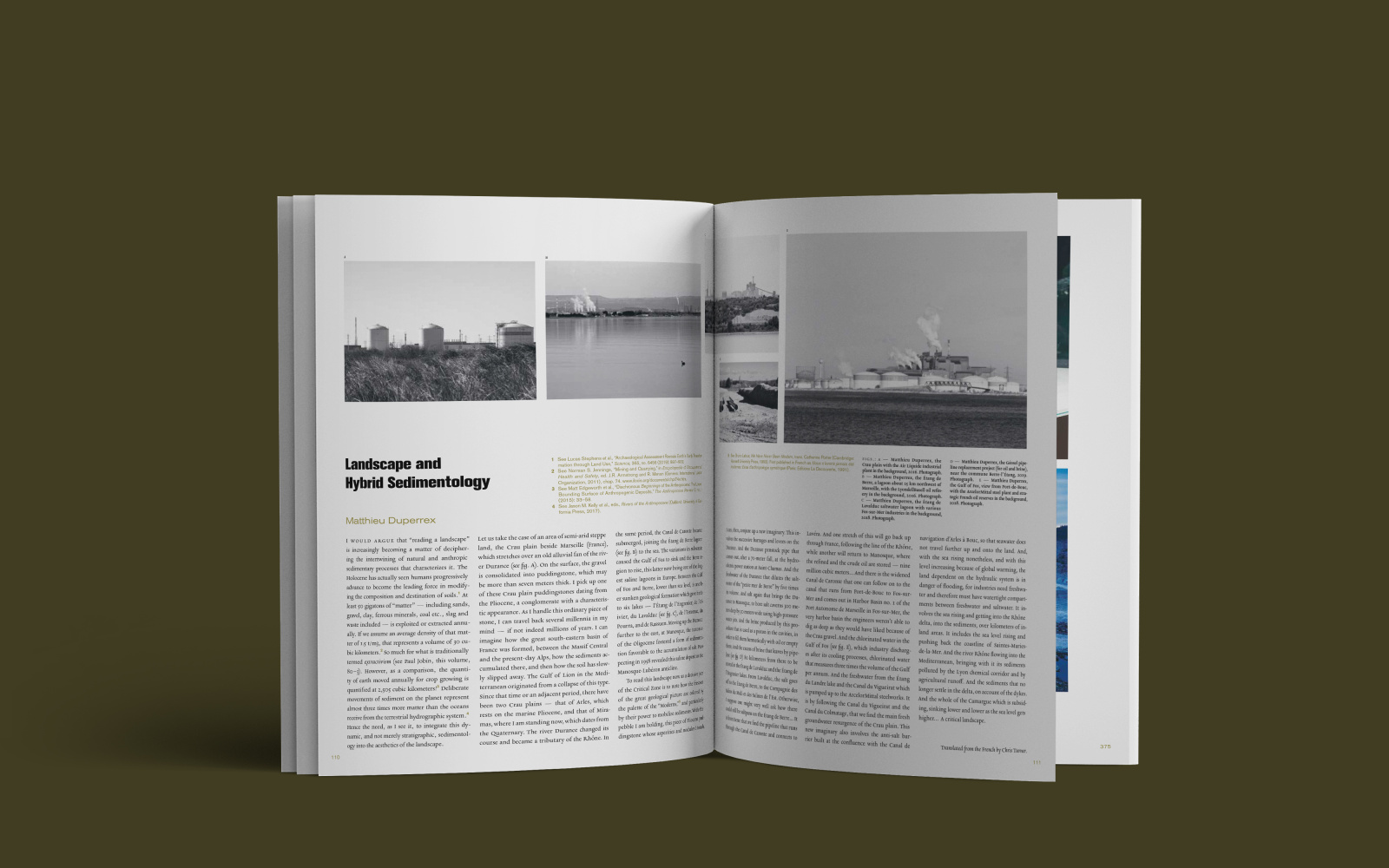 The open catalog for the exhibition Critical Zones shows a series of five different images on a double page at the top, showing either ships, sea or coast. Below them are blocks of text.