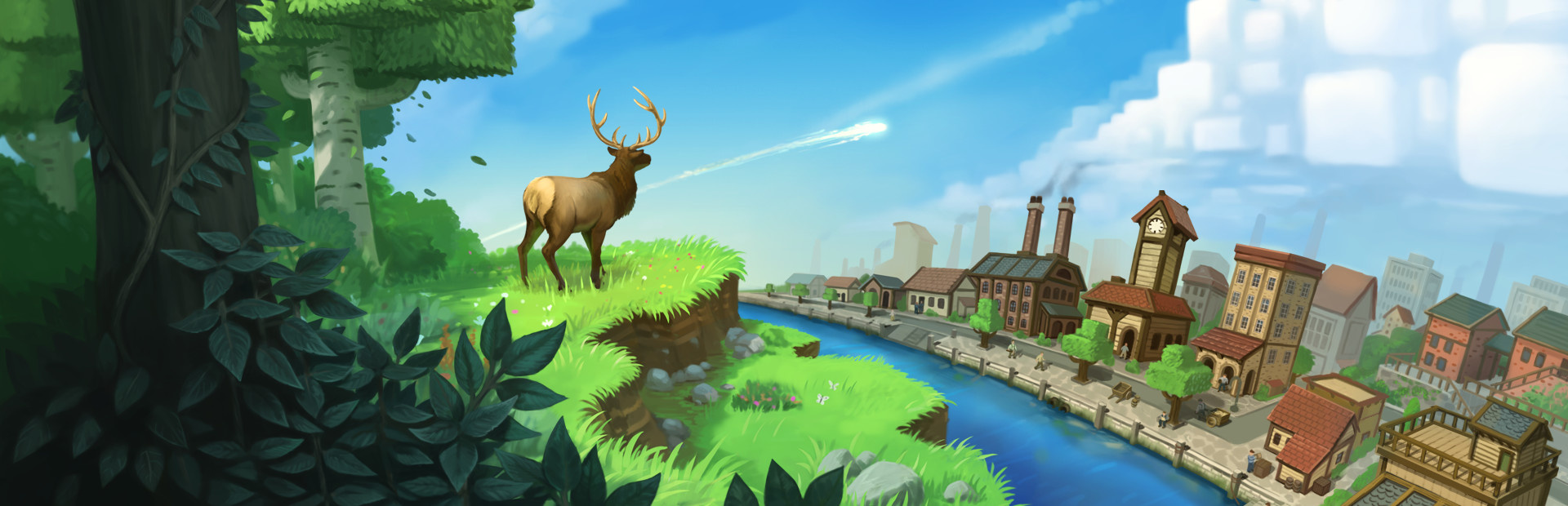 Screenshot des Computerspiels "ECO"; Ein Hirsch schaut auf eine Stadt, die bald von einem Meteorit getroffen wird.