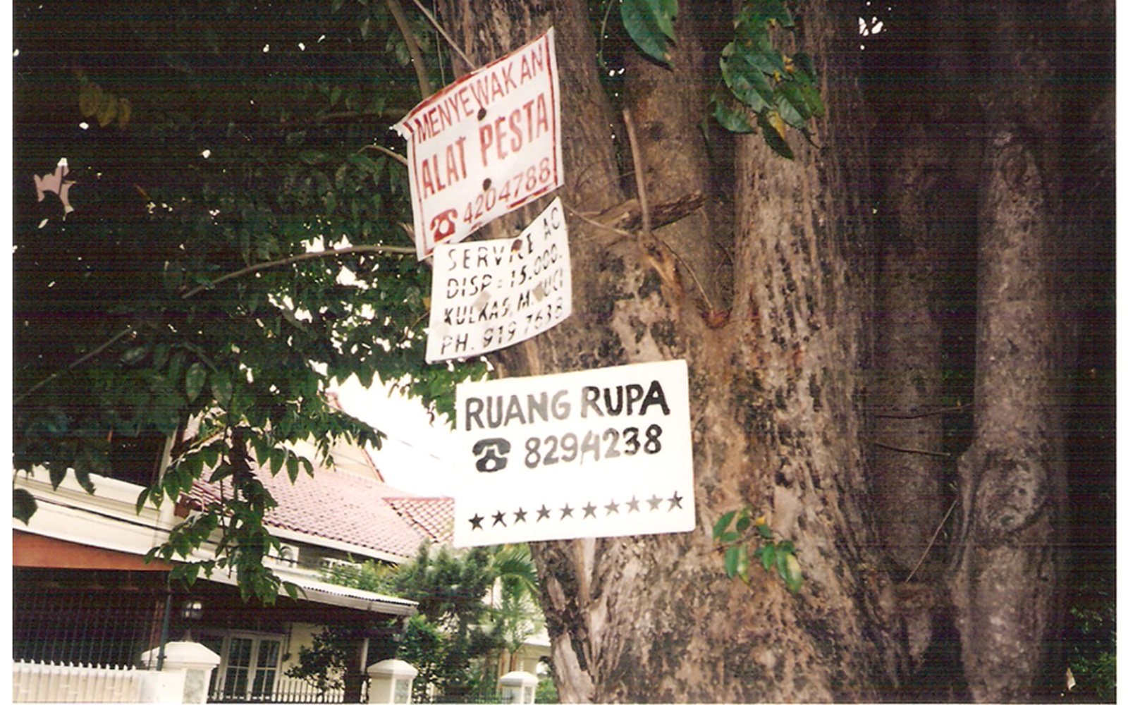 The picture shows a sign with the imprint ruangrupa hanging on a tree.