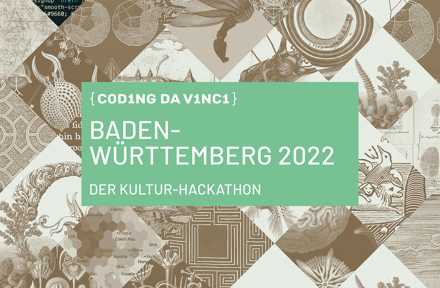 Eine mintfarbener Hintergrund mit dem Text »Coding da Vinci Baden-Württemberg 2022« in Weiß