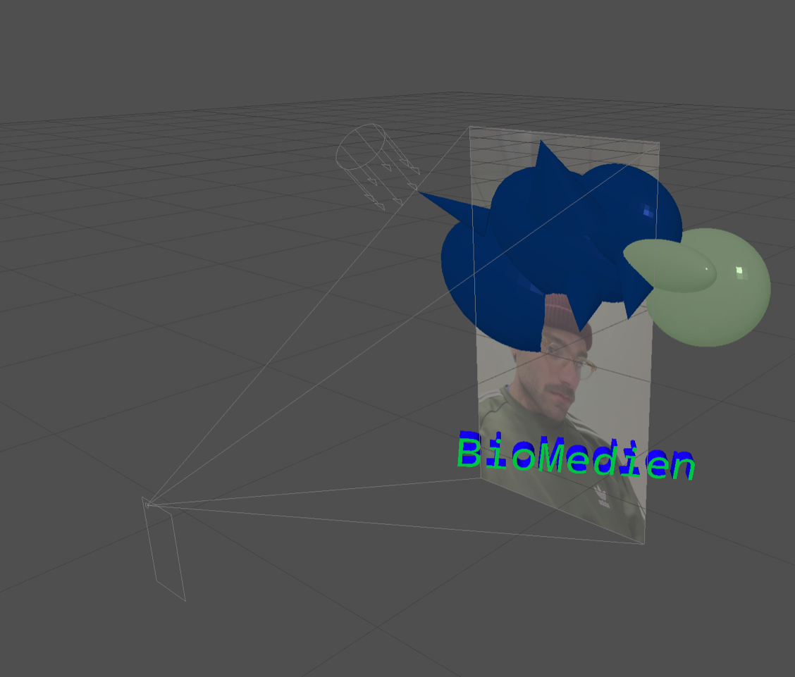 gray area with 3D objects in space and a portrait of a man with the word BioMedien above it