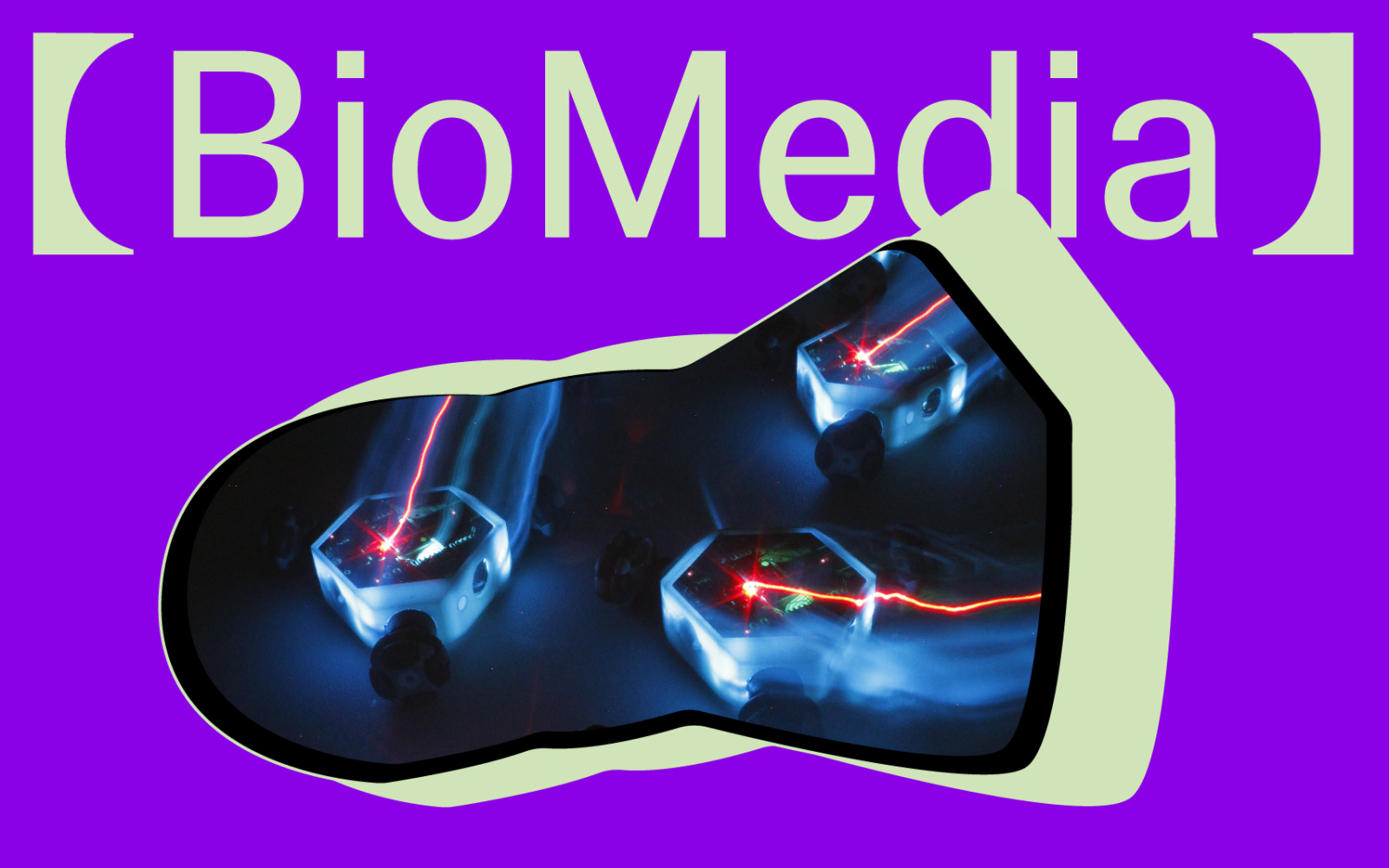 The graphic with purple background shows as a cutout luminous small robot gyroscopes move on a dark background. Above it in pale green is the title "BioMedia".