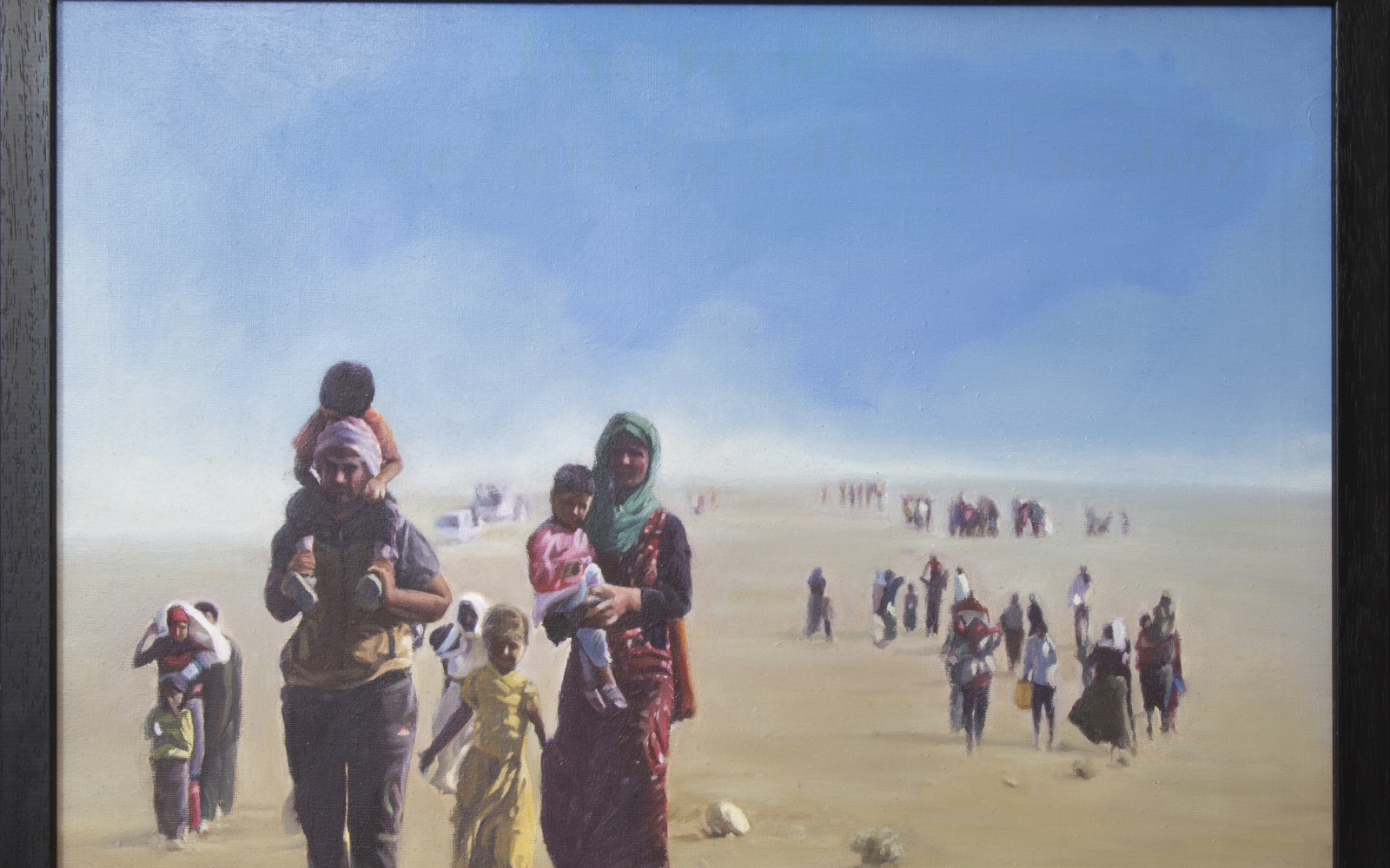 Zu sehen ist ein Gemälde auf dem viele geflüchtete Kinder mit ihrer Familien zu sehen sind.