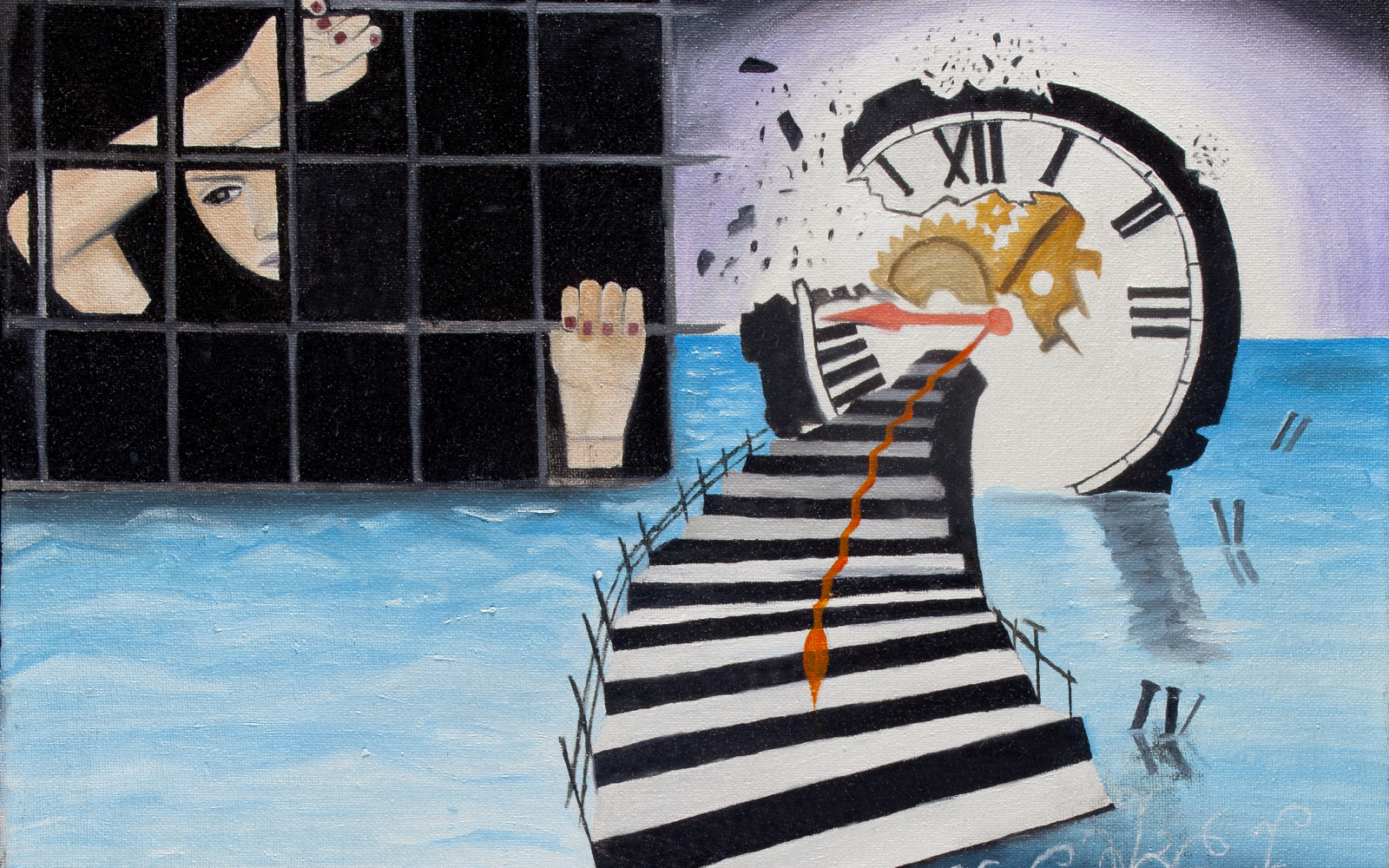 There is a painting of a man holding his head and an abstractly shaped staircase and clock in the background.