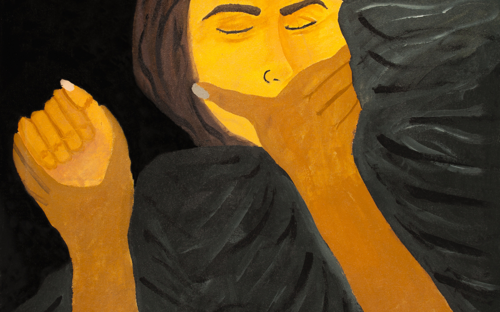 Zu sehen ist ein Gemälde mit einem Ausschnitt einer Frau, deren Mund von einer Hand zugehalten wird und deren rechte Hand gepackt wird. 