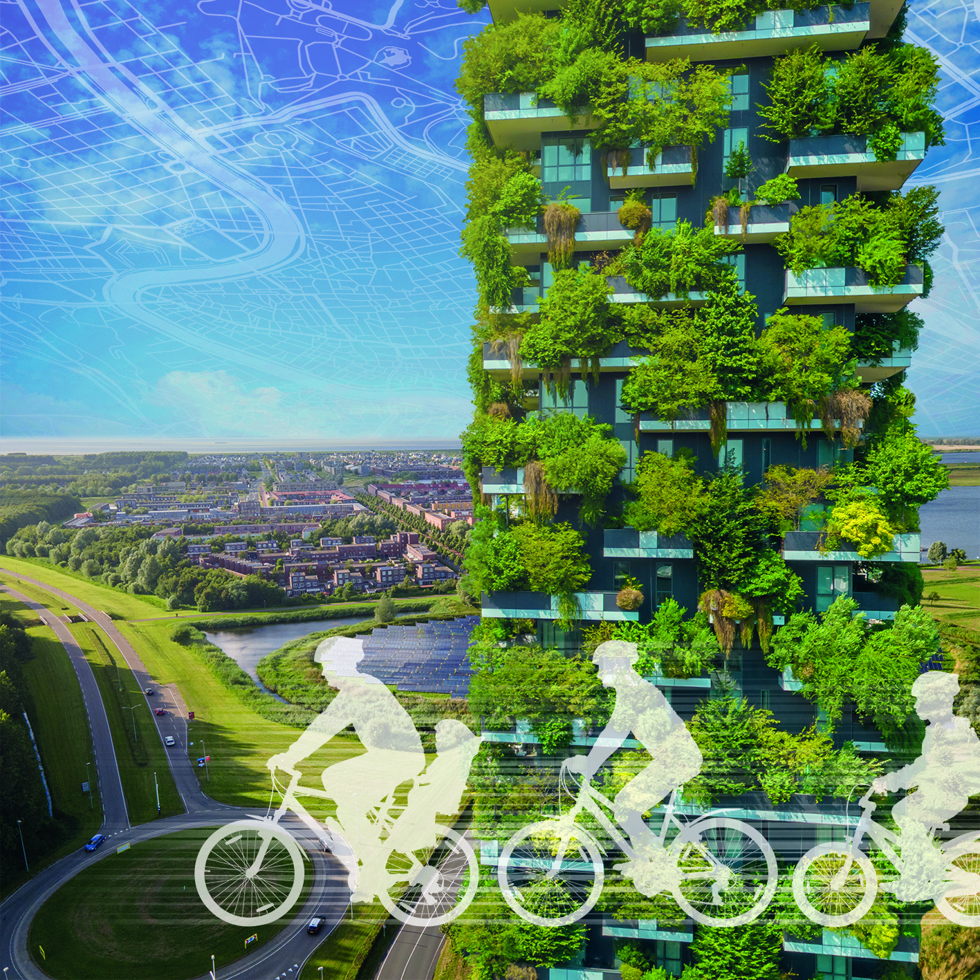 Greened high-rise building. In the foreground three sketched cyclists.