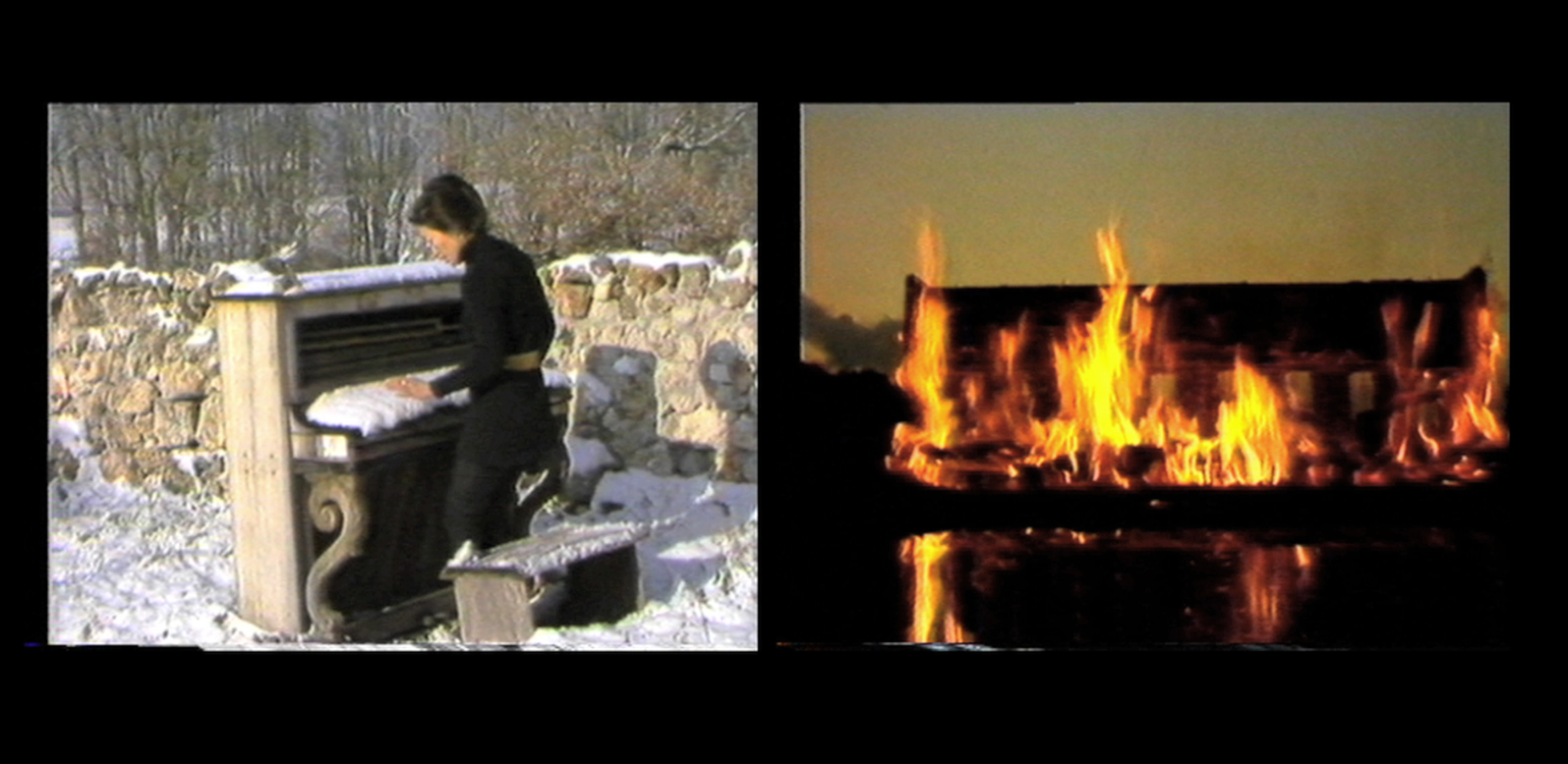 There are two pictures on a black background. The left picture shows a piano in a snowy landscape with a woman walking towards it. The right picture shows a burning piano at night.
