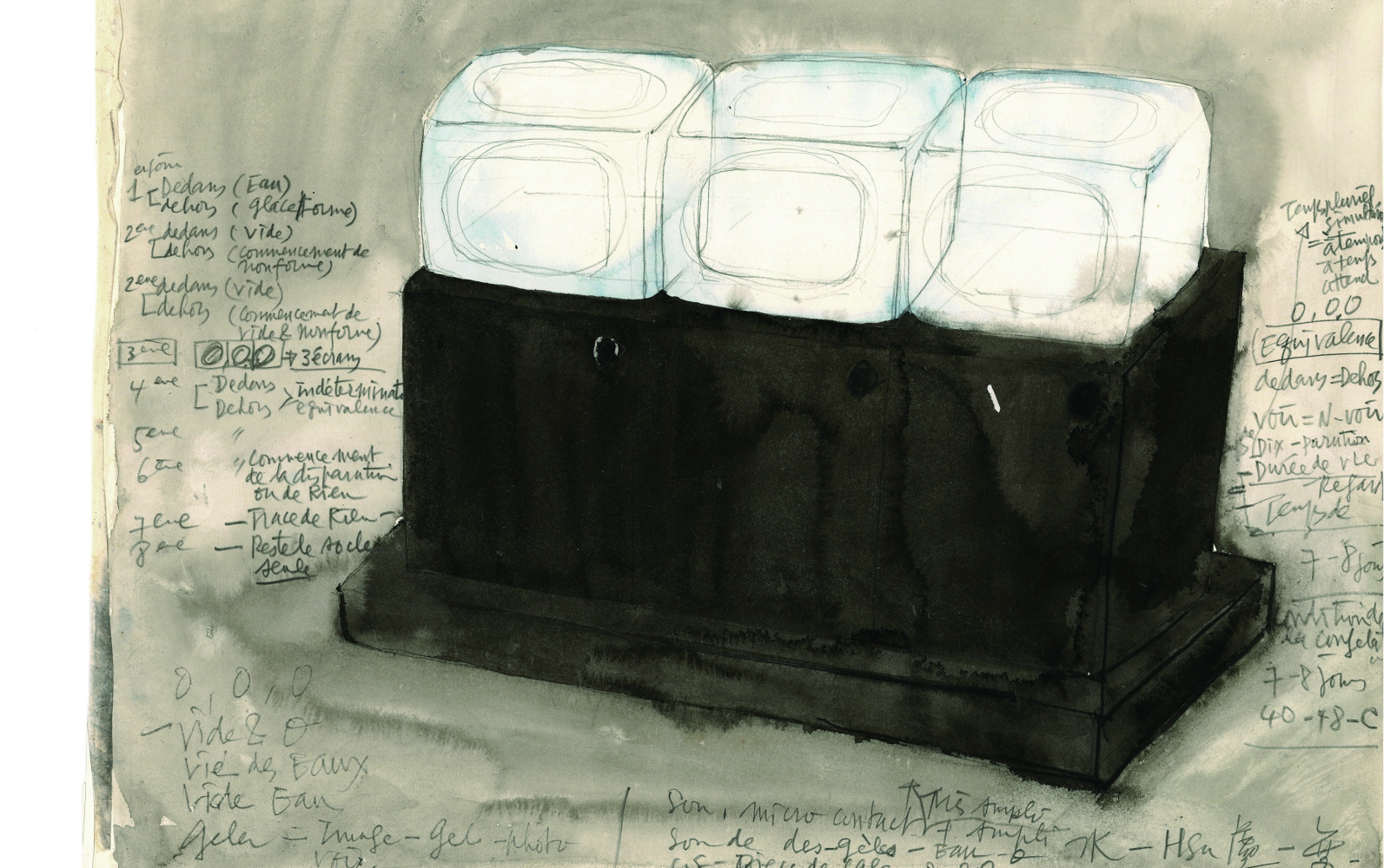 You can see a picture, drawn with watercolor and pencil on paper. It shows a cupboard on which are placed three tube TVs.