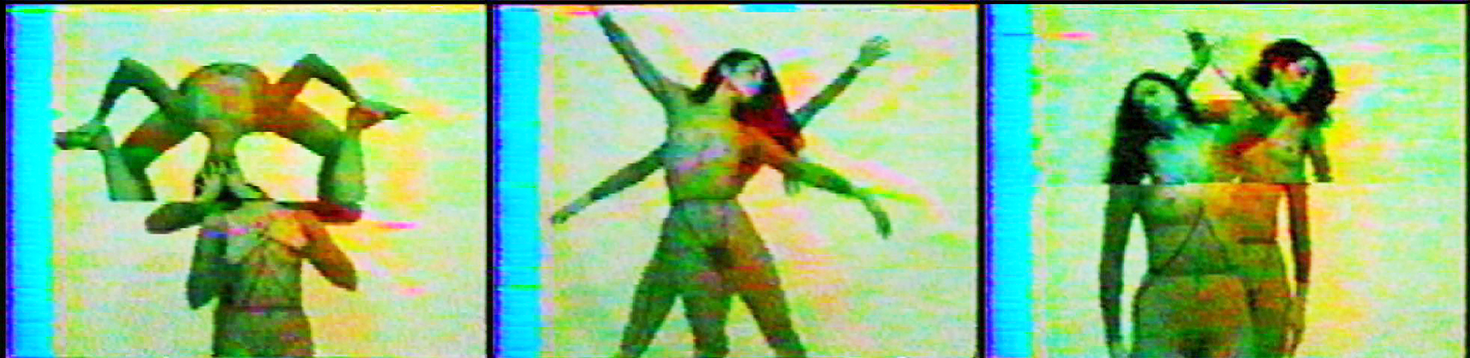 There are three clips of a video showing two dancers. The images are heavily pixelated.
