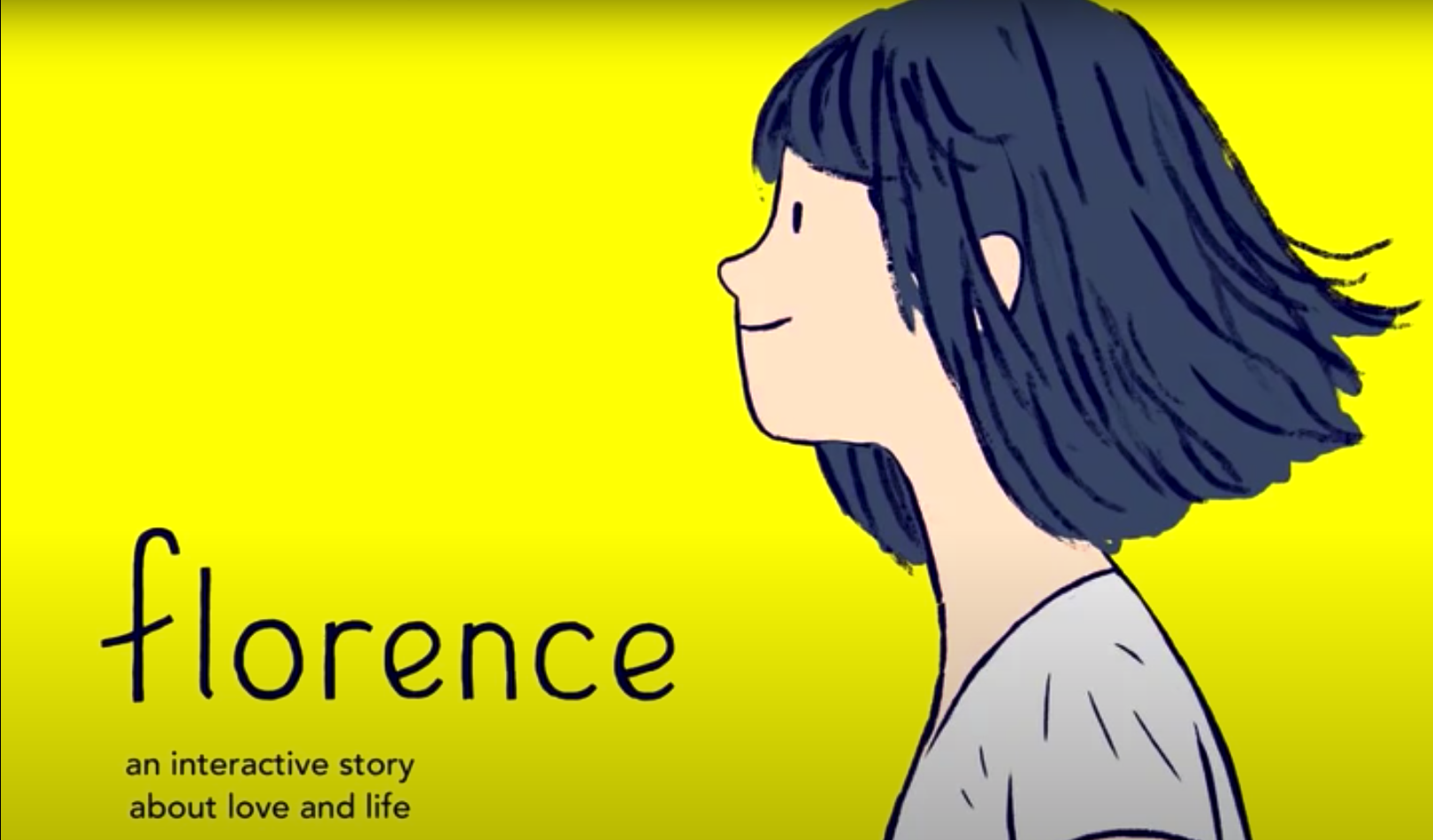 Drawing of a young girl against a yellow background with the caption "Florence. An interactive love story"