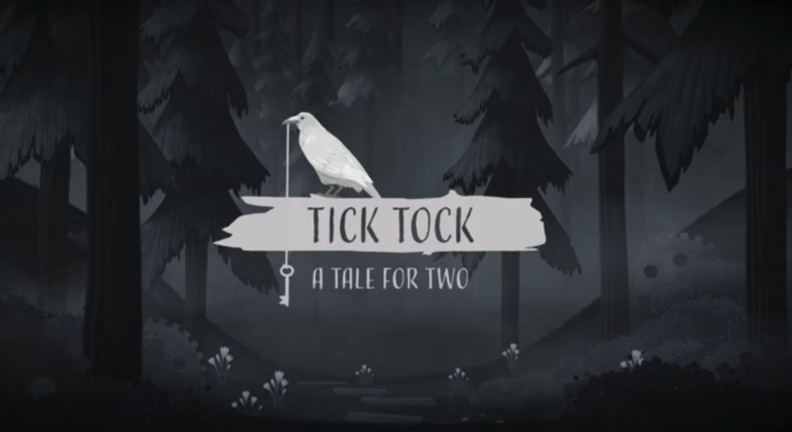 Lettering "Tick Tock: A Tale for Two" in front of a dark forest. On the lettering sits a raven with a key in its beak.