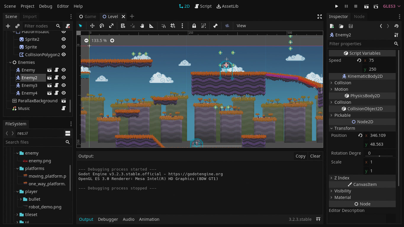 2D Arbeitsraum UI von Godot Game Engine. Das gezeigte Projekt ist die von den Godot-Entwicklern bereitgestellte Demo.