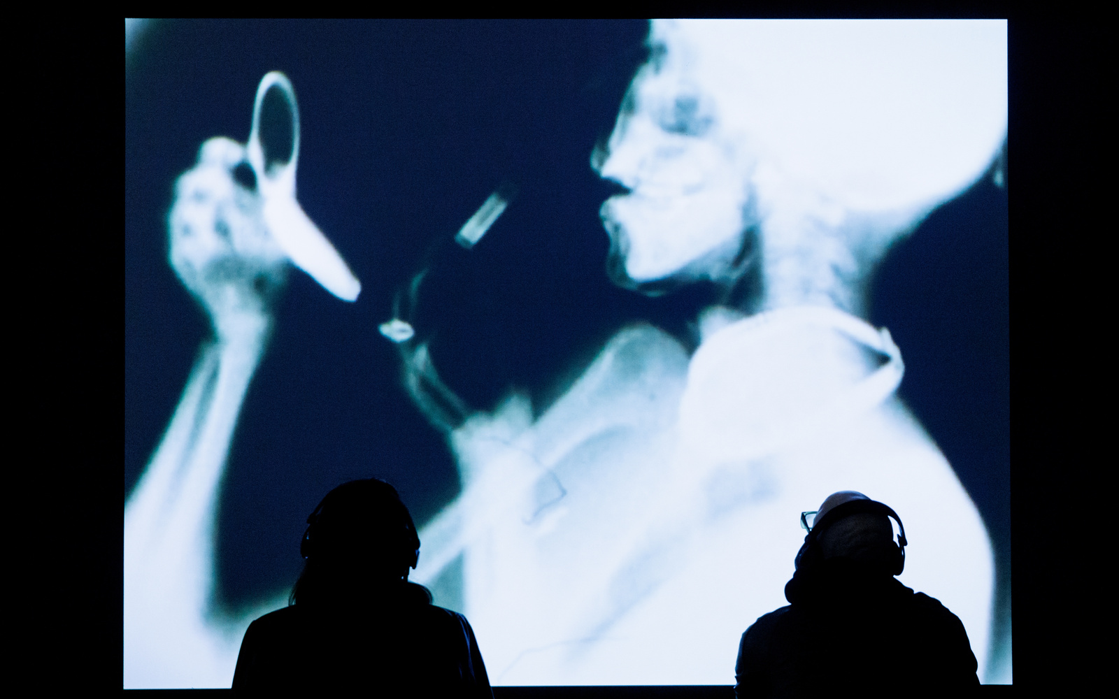 One sees the work »Sanctus«. The X-ray image of a person is shown on a large screen. Two people are standing in front of it. 