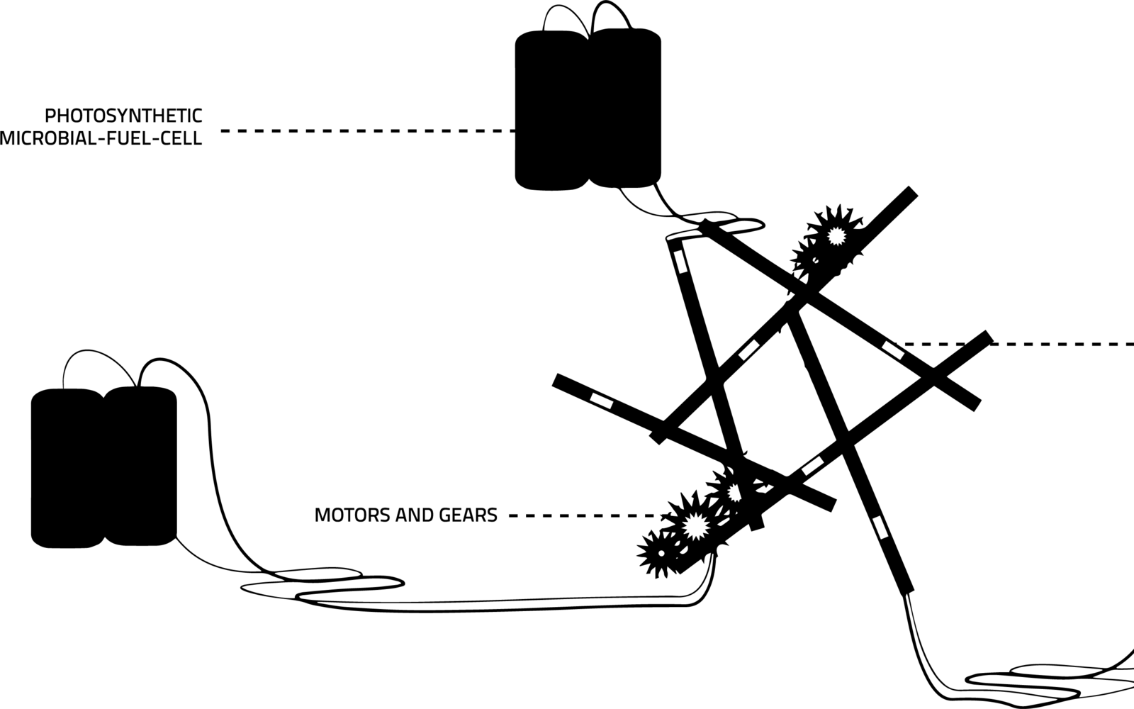 Bacterbrain is a portmanteau of the words bacterium and brain, hinting at the combination of two very distinct biological entities. The installation consists of three batteries running on Rhodobacter spheroides bacteria.