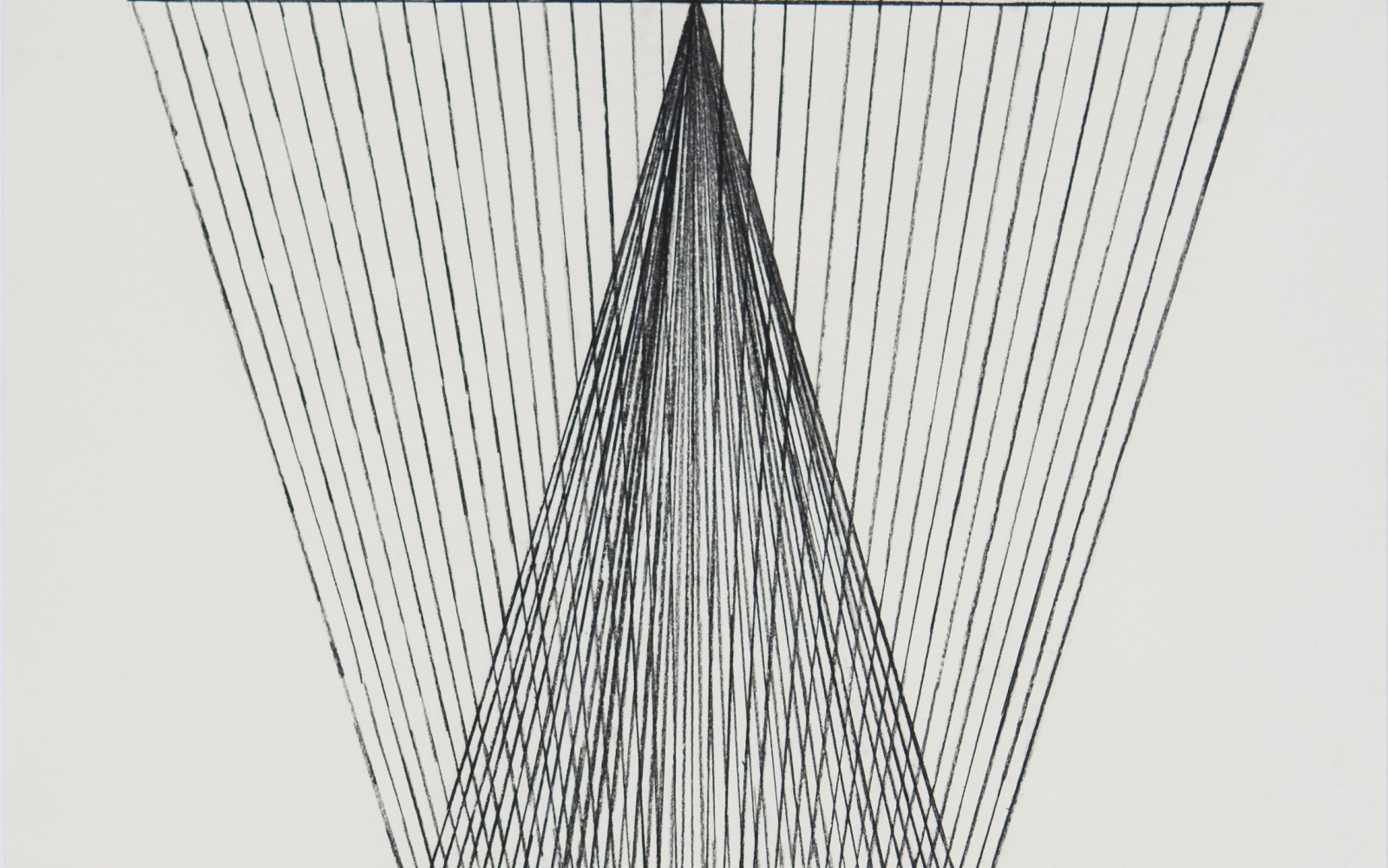 The work consists of Two triangles that meet with the tip at the greater length of the other triangle. The image is made of ink with reed pen on paper.