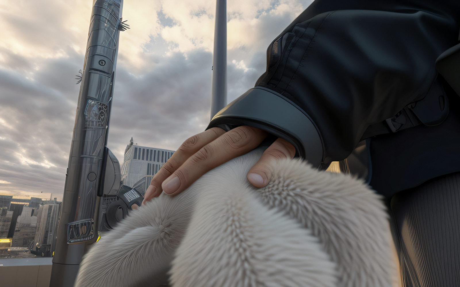 The AI-generated motif shows a part of a person. The person's hand is on the back of a white dog's head.