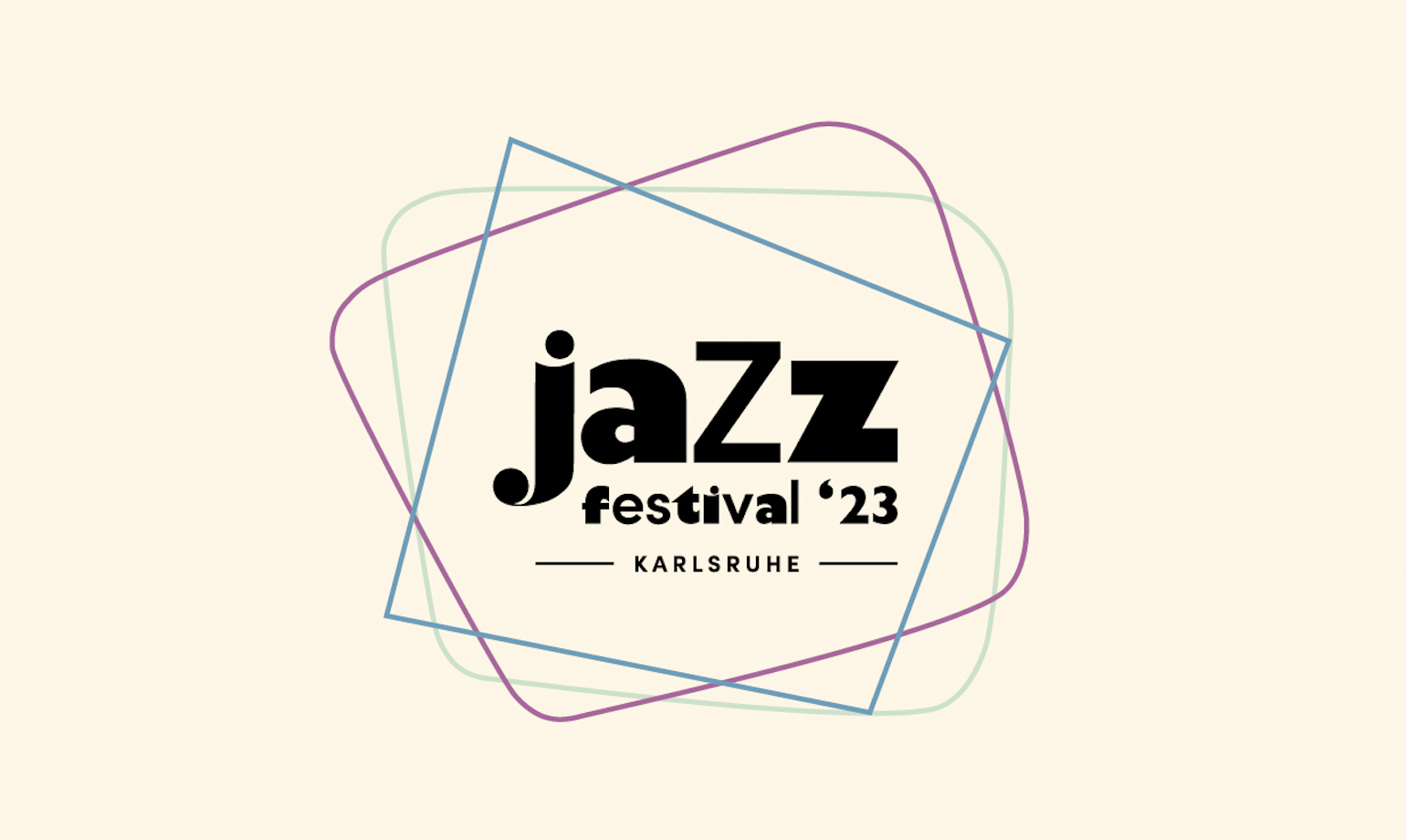 Drei bunte Rahmen auf mandelbraunem Hintergrund, in ihrer Mitte steht in zackigen Buchstaben »jazz festival '23 Karlsruhe«.