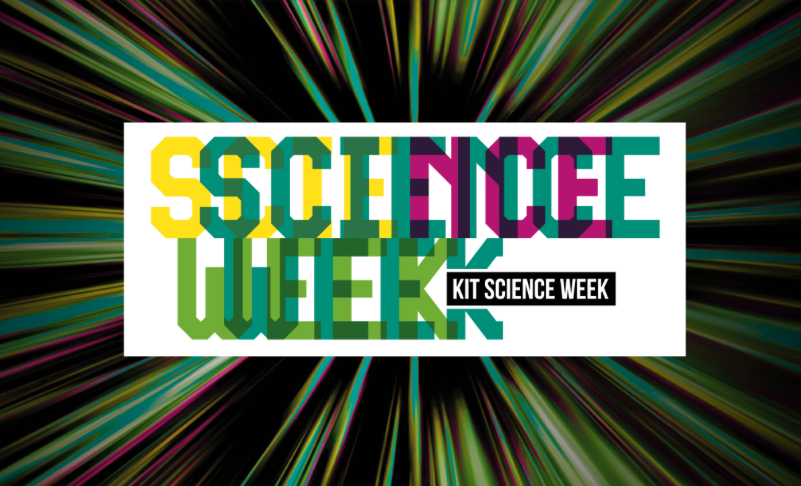Writing "Science Week" in front of blue-yellow-green-violet ray graphic