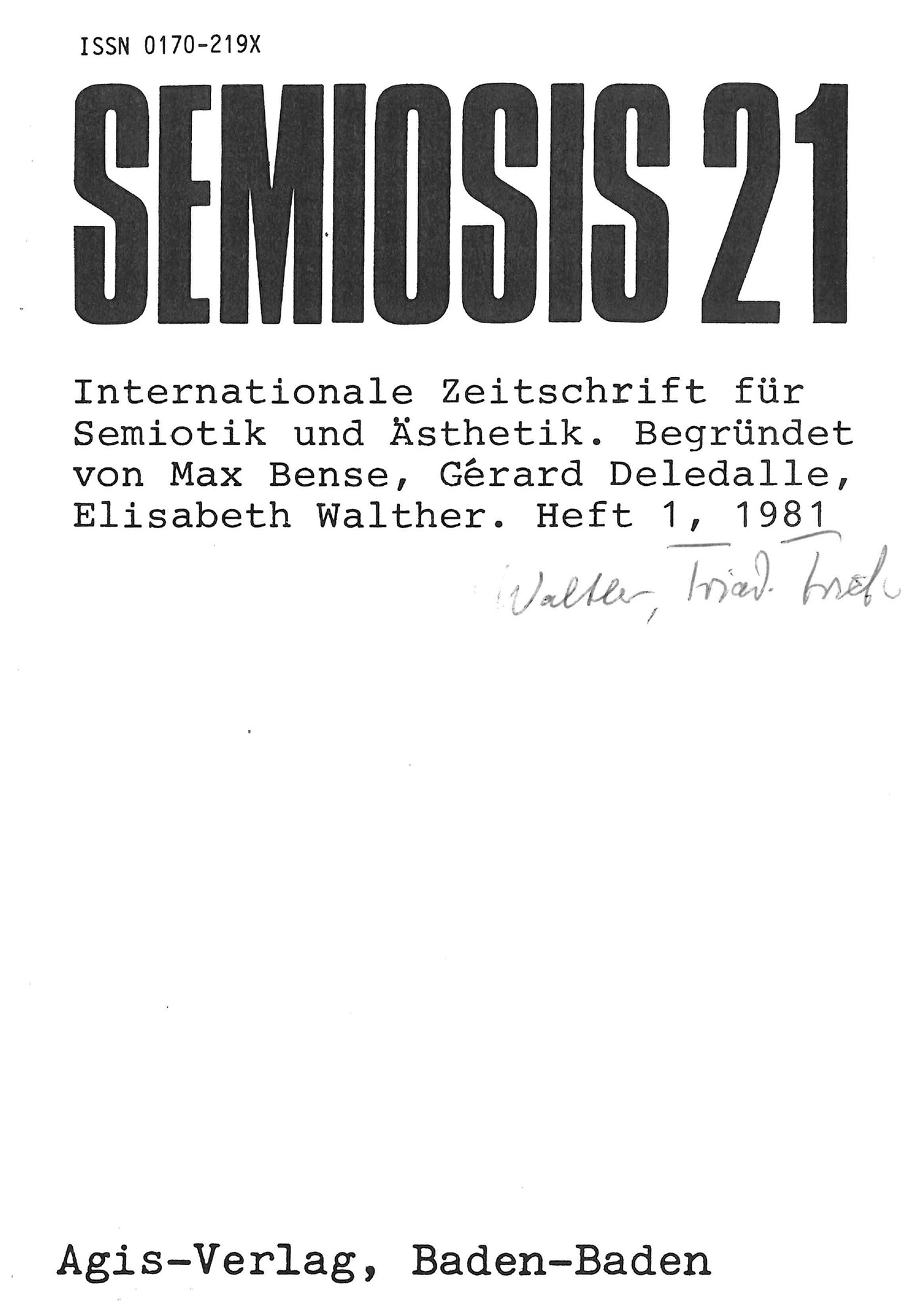 Cover of the magazine "semiosis": black text on white background