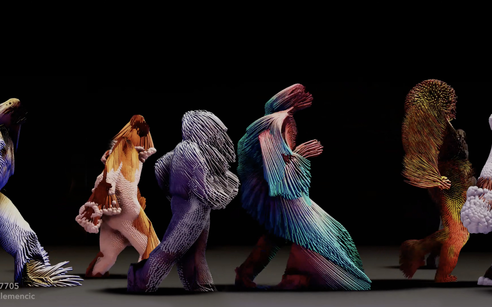 Human-like beings, made of colourful, fabric-like materials and fringes, walk in a row from left to right.